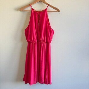NEW‎ Lush Bright Pink Halter Mini Dress Size M Faux Wrap Lined Tomato Pur…